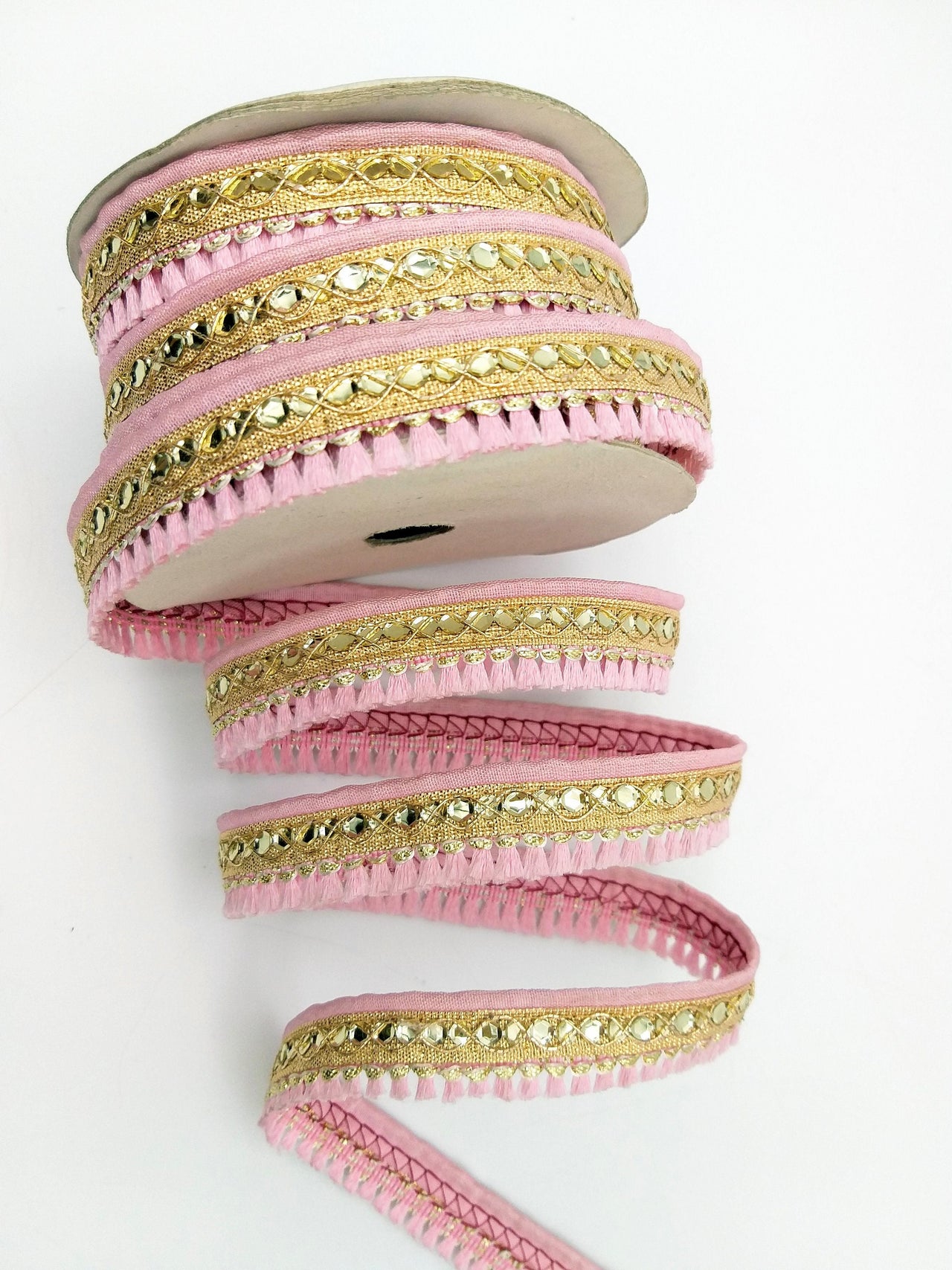 Pink Tassels Trim, Gold Fringe Trim, Beaded Trim