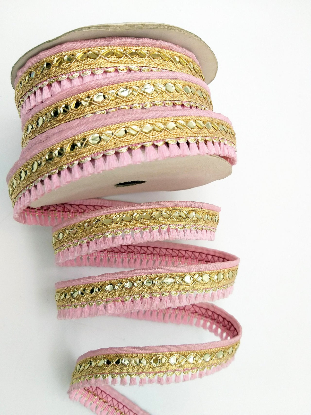 Pink Tassels Trim, Gold Fringe Trim, Beaded Trim