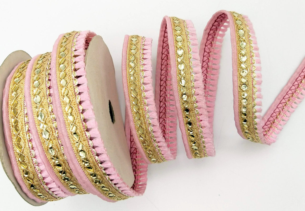 Pink Tassels Trim, Gold Fringe Trim, Beaded Trim