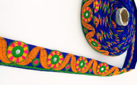 Thumbnail for Royal Blue Mirrored Fabric Trim With Orange, Yellow, Green And Pink Embroidery