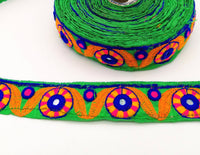 Thumbnail for Green Mirrored Fabric Trim With Orange, Yellow, Blue And Pink Embroidery
