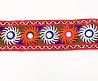 Thumbnail for Black Cotton Fabric Trim with Multicolor Embroidery and Real Mirror, Kutch Embroidery Trim, Mirror Lace