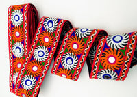 Thumbnail for Black Cotton Fabric Trim with Multicolor Embroidery and Real Mirror, Kutch Embroidery Trim, Mirror Lace