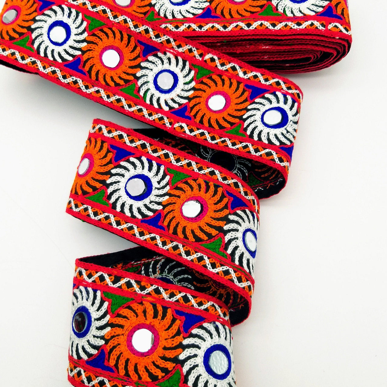 Black Cotton Fabric Trim with Multicolor Embroidery and Real Mirror, Kutch Embroidery Trim, Mirror Lace