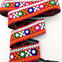 Thumbnail for Black Cotton Fabric Trim with Multicolor Embroidery and Real Mirror, Kutch Embroidery Trim, Mirror Lace