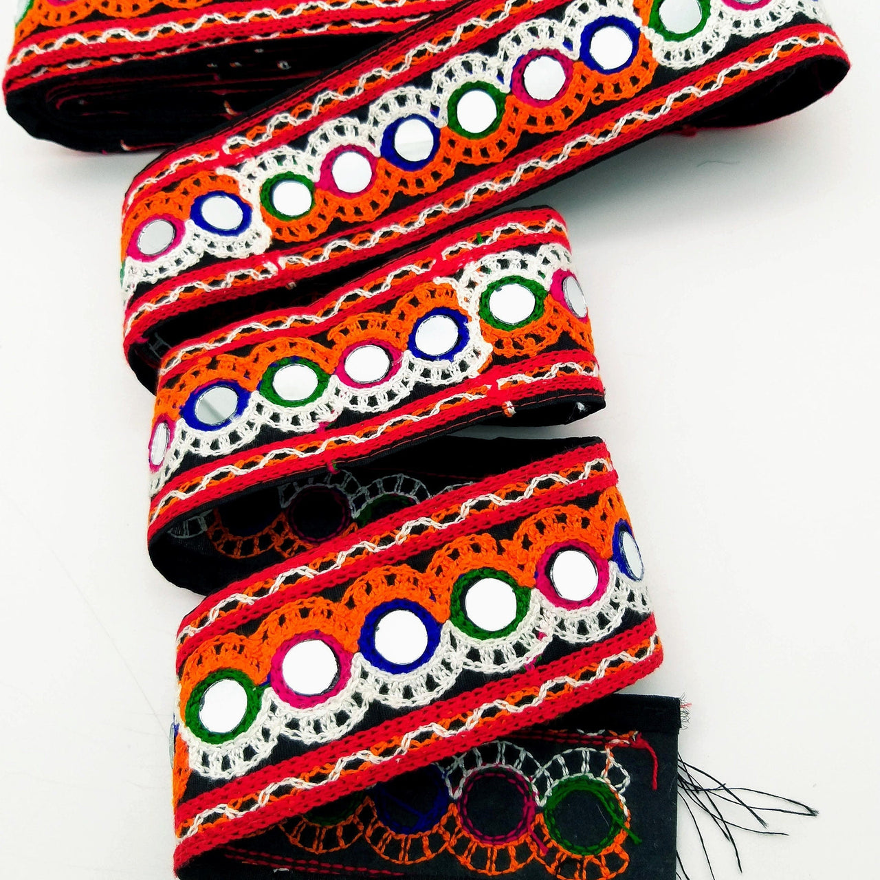 Black Cotton Fabric Trim with Multicolor Embroidery and Real Mirror, Kutch Embroidery Trim, Mirror Lace