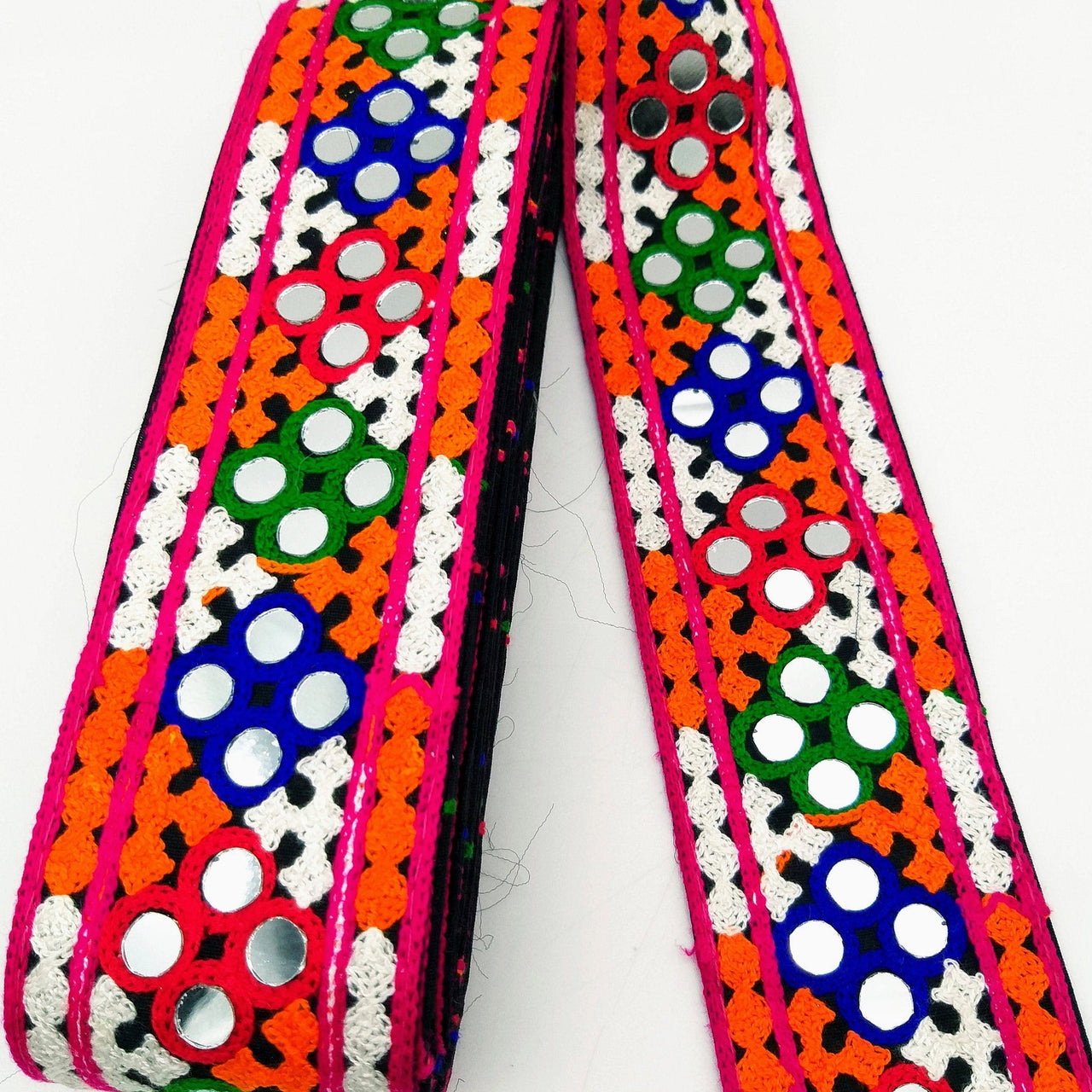 Black Cotton Fabric Trim with Multicolor Embroidery and Real Mirror, Kutch Embroidery Trim, Mirror Lace