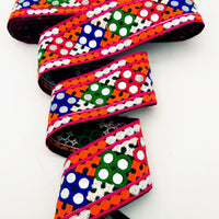 Thumbnail for Black Cotton Fabric Trim with Multicolor Embroidery and Real Mirror, Kutch Embroidery Trim, Mirror Lace