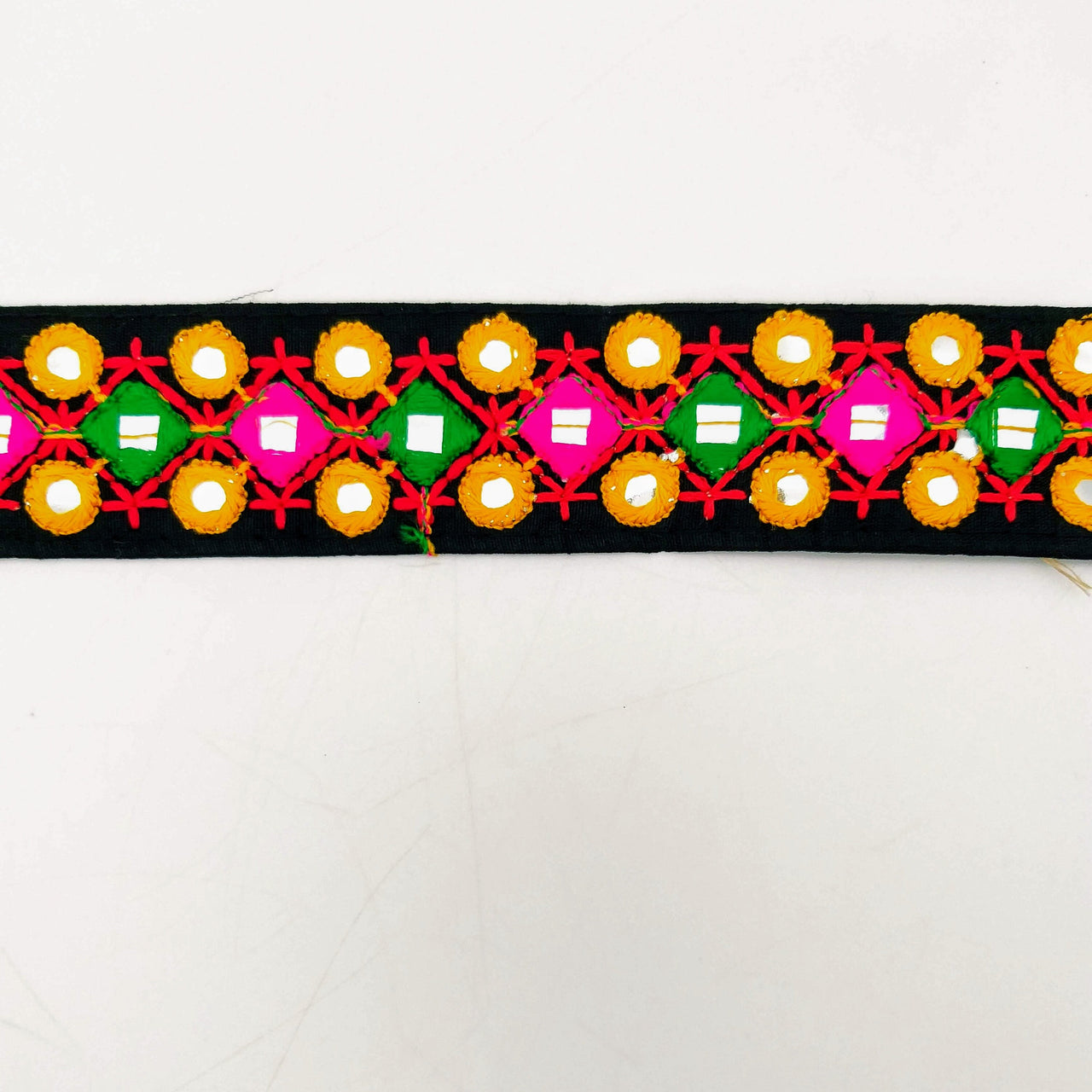 Black Multicoloured Indian Mirror Trim, Kutch Embroidered Navratri Garba Dress Trim Bridal Lace, Indian Sari Border 38 mm Wide Trim Per Yard