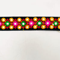 Thumbnail for Black Multicoloured Indian Mirror Trim, Kutch Embroidered Navratri Garba Dress Trim Bridal Lace, Indian Sari Border 38 mm Wide Trim Per Yard