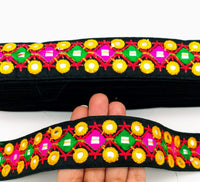 Thumbnail for Black Multicoloured Indian Mirror Trim, Kutch Embroidered Navratri Garba Dress Trim Bridal Lace, Indian Sari Border 38 mm Wide Trim Per Yard