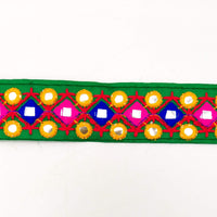 Thumbnail for Green Multicoloured Indian Mirror Trim, Kutch Embroidered Navratri Garba Dress Trim Bridal Lace, Indian Sari Border 35 mm Wide Trim Per Yard