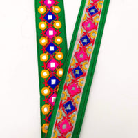 Thumbnail for Green Multicoloured Indian Mirror Trim, Kutch Embroidered Navratri Garba Dress Trim Bridal Lace, Indian Sari Border 35 mm Wide Trim Per Yard