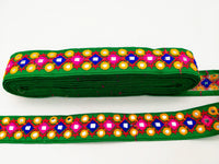Thumbnail for Green Multicoloured Indian Mirror Trim, Kutch Embroidered Navratri Garba Dress Trim Bridal Lace, Indian Sari Border 35 mm Wide Trim Per Yard