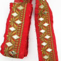 Thumbnail for Trim By 9 Yard Maroon Red Art Silk Fabric Trim, Gold Floral Embroidery Gota Patti Sari Border Decorative Trim Craft Lace