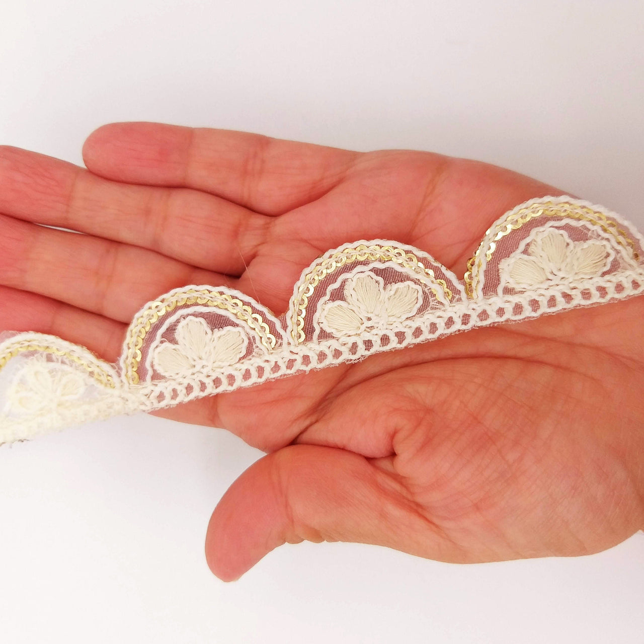 Off White Scallop Lace Trim Embroidered with Gold Sequins, Cutwork Trim, Scallops Wedding Trim