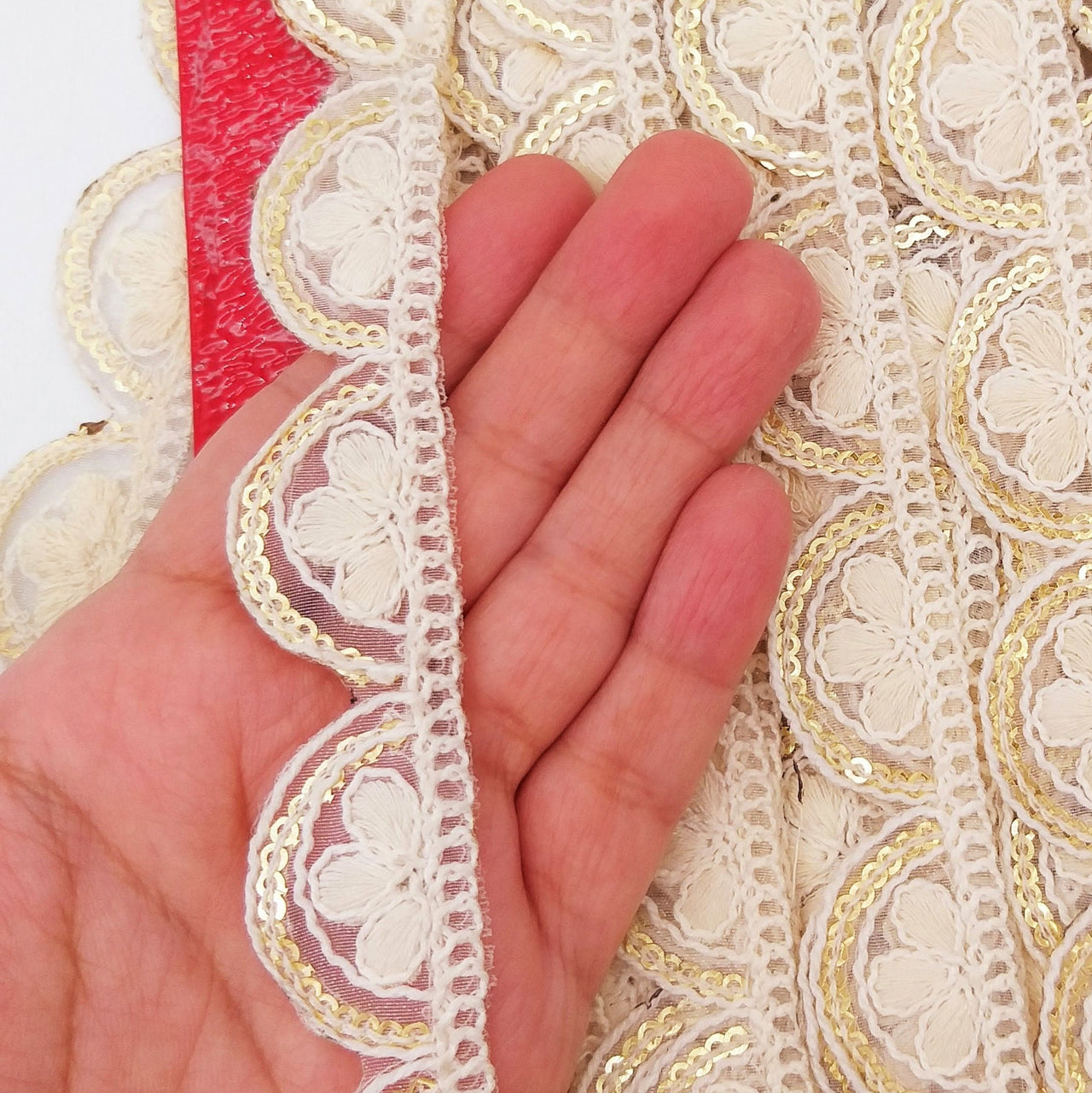 Off White Scallop Lace Trim Embroidered with Gold Sequins, Cutwork Trim, Scallops Wedding Trim