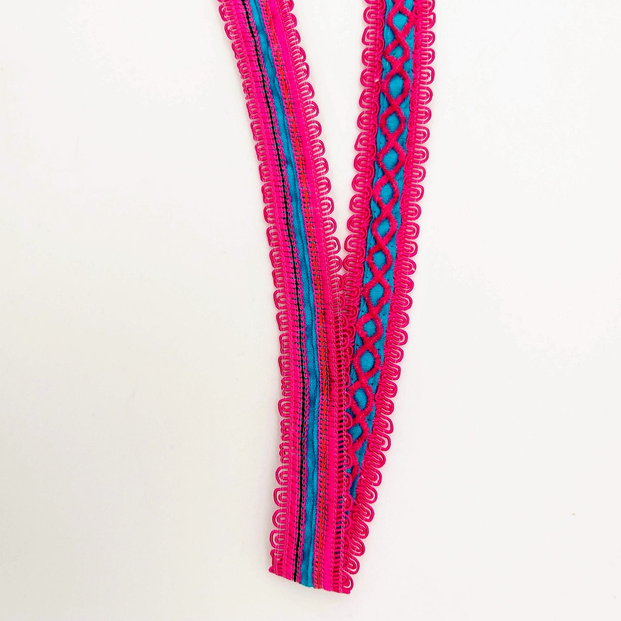 Blue Cotton Fabric Lace Trim with Dark Pink Thread Embroidery, Trim By 3 Yards, Craft Decorative Ribbon