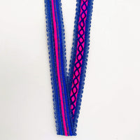 Thumbnail for Fuchsia Pink Cotton Fabric Lace Trim with Royal Blue Thread Embroidery, Trim By 3 Yards, Craft Decorative Ribbon