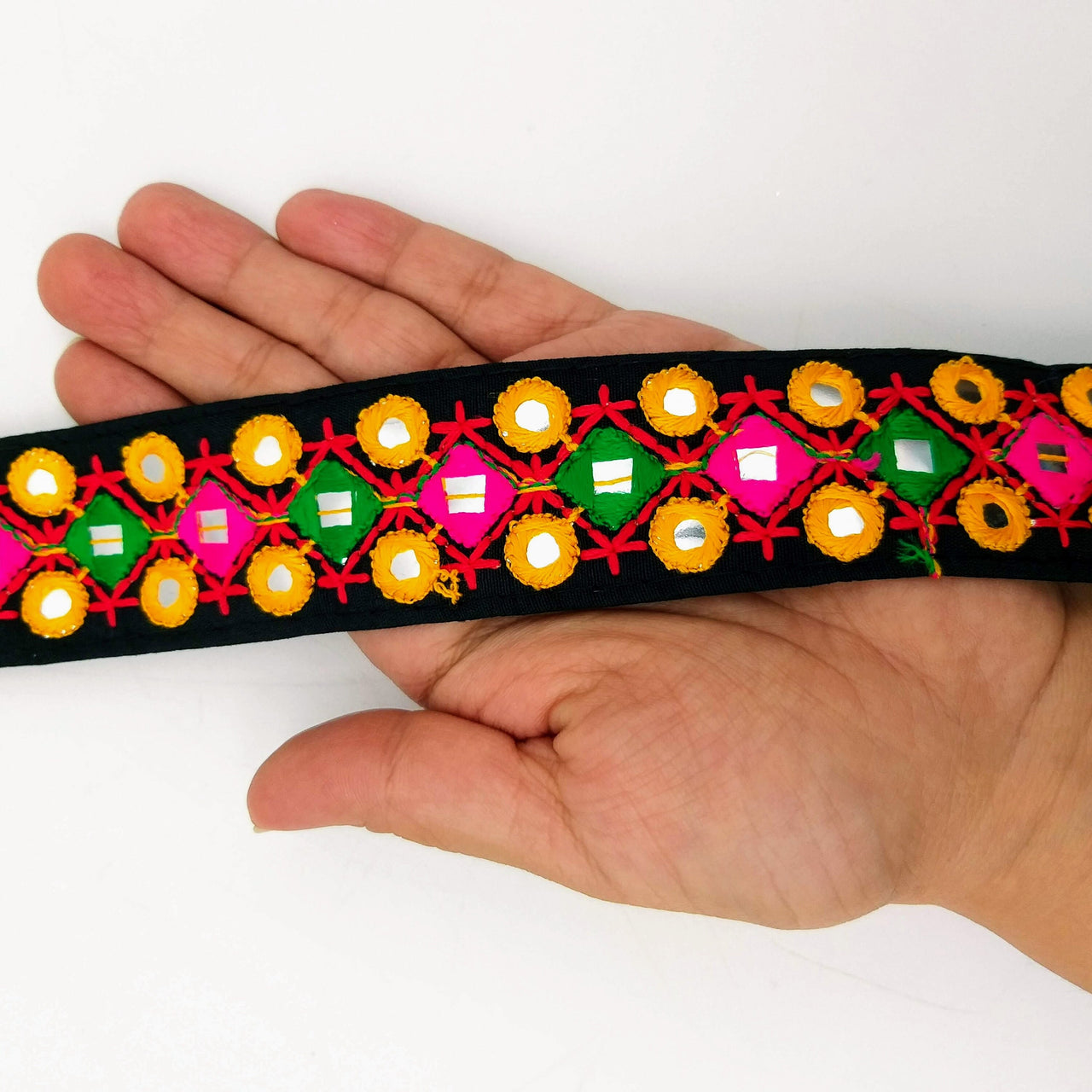 Black Multicoloured Indian Mirror Trim, Kutch Embroidered Navratri Garba Dress Trim Bridal Lace, Indian Sari Border 38 mm Wide Trim Per Yard