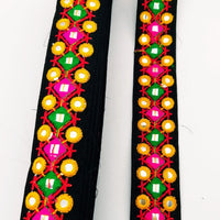 Thumbnail for Black Multicoloured Indian Mirror Trim, Kutch Embroidered Navratri Garba Dress Trim Bridal Lace, Indian Sari Border 38 mm Wide Trim Per Yard