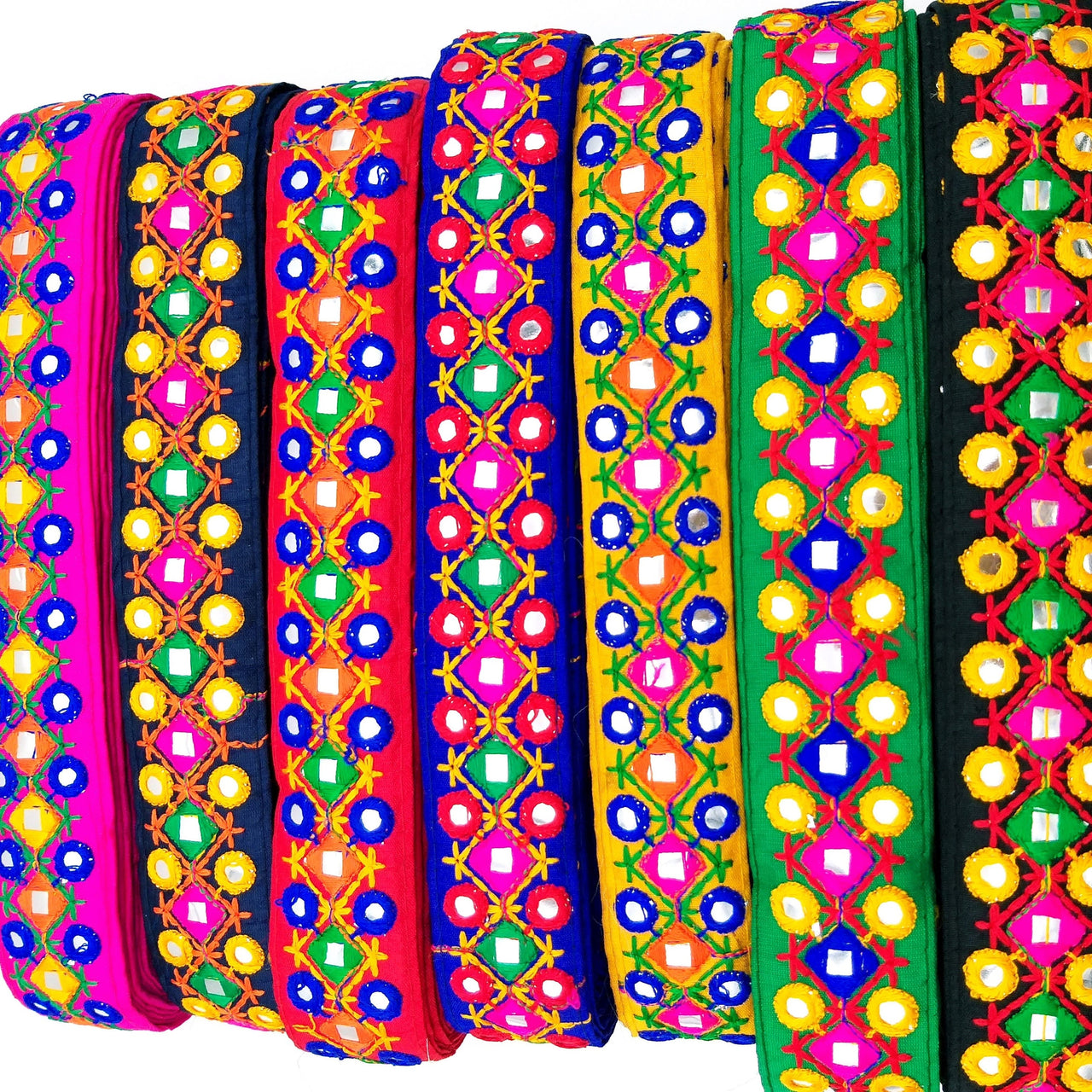 Red Multicoloured Indian Mirror Trim Kutch Embroidered Navratri Garba Dress Trim Bridal Lace, Indian Sari Border 36 mm Wide Trim Per Yard