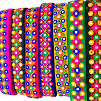 Thumbnail for Red Multicoloured Indian Mirror Trim Kutch Embroidered Navratri Garba Dress Trim Bridal Lace, Indian Sari Border 36 mm Wide Trim Per Yard