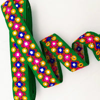 Thumbnail for Green Multicoloured Indian Mirror Trim, Kutch Embroidered Navratri Garba Dress Trim Bridal Lace, Indian Sari Border 35 mm Wide Trim Per Yard