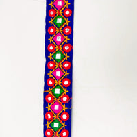 Thumbnail for Blue Multicoloured Indian Mirror Trim Kutch Embroidered Navratri Garba Dress Trim Bridal Lace, Indian Sari Border 34 mm Wide Trim Per Yard