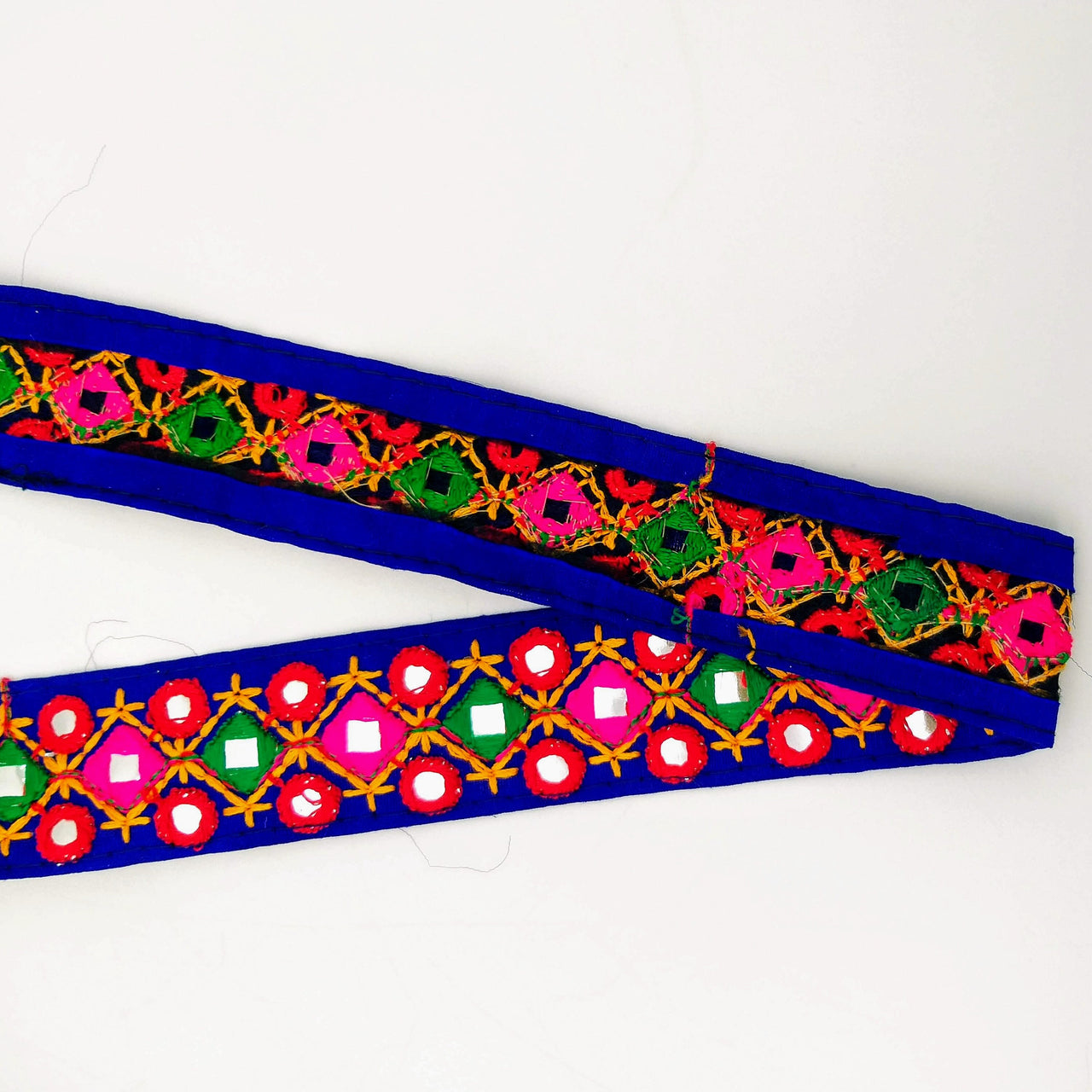 Blue Multicoloured Indian Mirror Trim Kutch Embroidered Navratri Garba Dress Trim Bridal Lace, Indian Sari Border 34 mm Wide Trim Per Yard