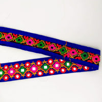 Thumbnail for Blue Multicoloured Indian Mirror Trim Kutch Embroidered Navratri Garba Dress Trim Bridal Lace, Indian Sari Border 34 mm Wide Trim Per Yard