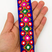 Thumbnail for Blue Multicoloured Indian Mirror Trim Kutch Embroidered Navratri Garba Dress Trim Bridal Lace, Indian Sari Border 34 mm Wide Trim Per Yard