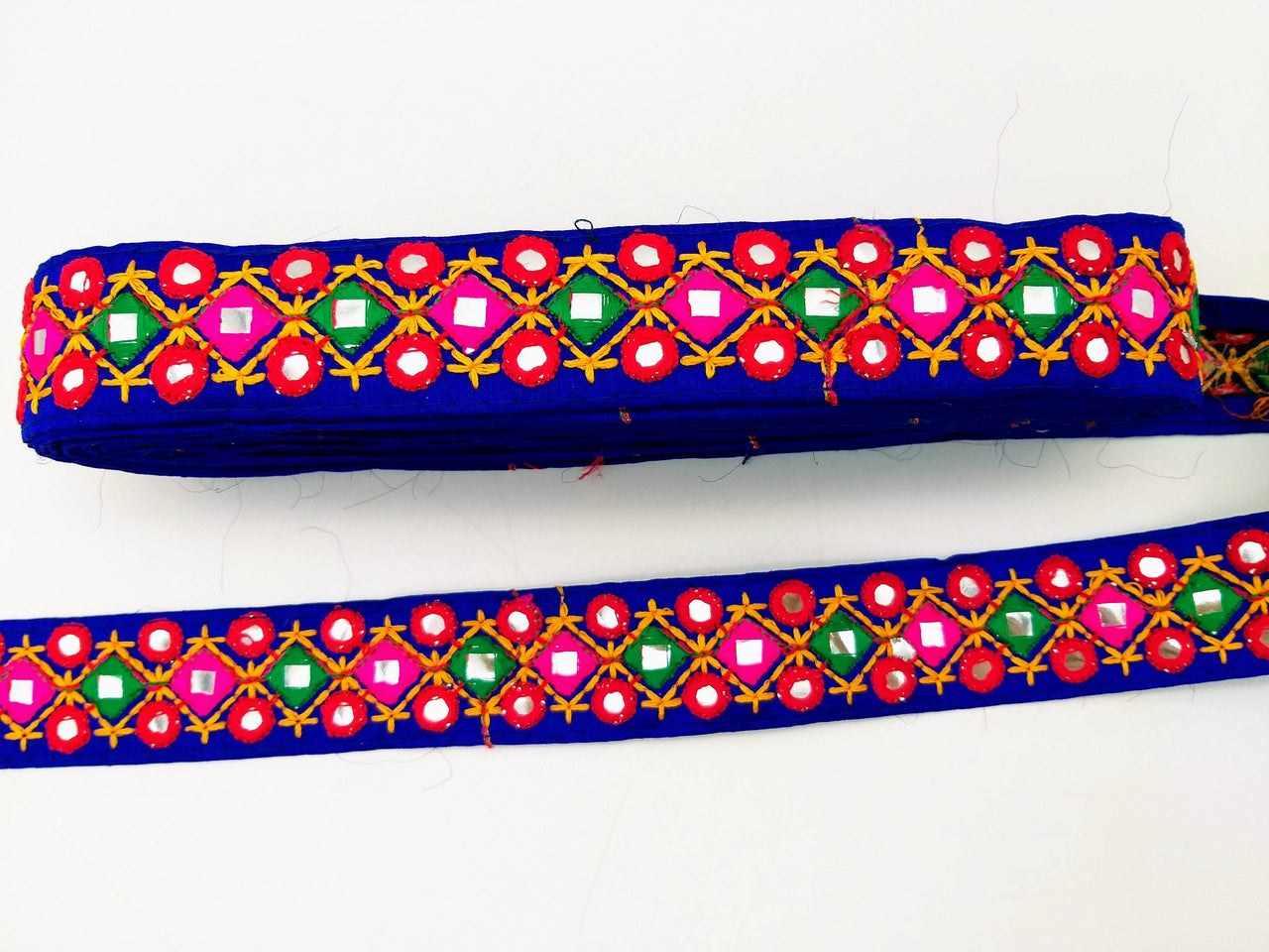 Blue Multicoloured Indian Mirror Trim Kutch Embroidered Navratri Garba Dress Trim Bridal Lace, Indian Sari Border 34 mm Wide Trim Per Yard