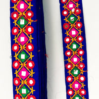 Thumbnail for Blue Multicoloured Indian Mirror Trim Kutch Embroidered Navratri Garba Dress Trim Bridal Lace, Indian Sari Border 34 mm Wide Trim Per Yard