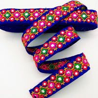 Thumbnail for Blue Multicoloured Indian Mirror Trim Kutch Embroidered Navratri Garba Dress Trim Bridal Lace, Indian Sari Border 34 mm Wide Trim Per Yard