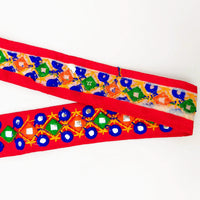 Thumbnail for Red Multicoloured Indian Mirror Trim Kutch Embroidered Navratri Garba Dress Trim Bridal Lace, Indian Sari Border 36 mm Wide Trim Per Yard