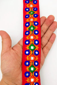 Thumbnail for Red Multicoloured Indian Mirror Trim Kutch Embroidered Navratri Garba Dress Trim Bridal Lace, Indian Sari Border 36 mm Wide Trim Per Yard