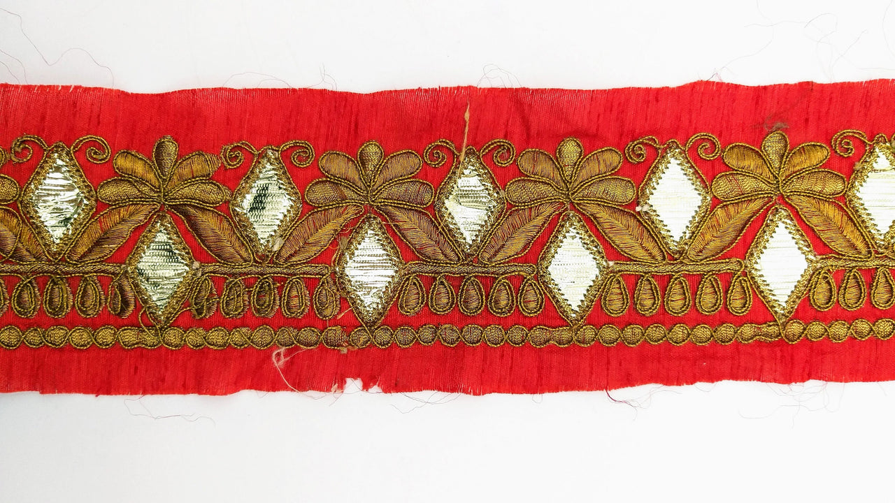 Trim By 9 Yard Maroon Red Art Silk Fabric Trim, Gold Floral Embroidery Gota Patti Sari Border Decorative Trim Craft Lace