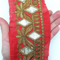 Thumbnail for Trim By 9 Yard Maroon Red Art Silk Fabric Trim, Gold Floral Embroidery Gota Patti Sari Border Decorative Trim Craft Lace