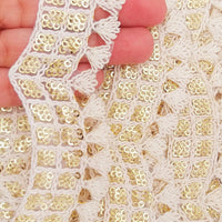 Thumbnail for Nine Yards Off White Scallop Lace Trim Embroidered with Gold Sequins, Cutwork Trim, Scallops Wedding Trim