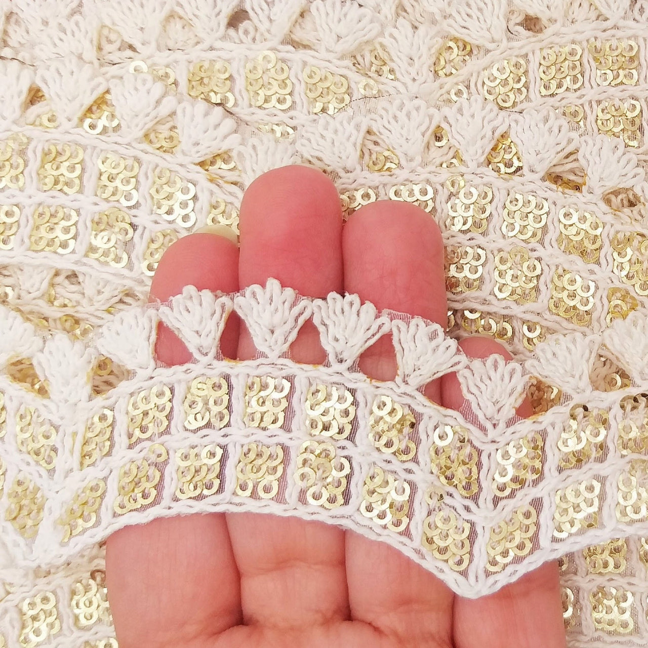 Nine Yards Off White Scallop Lace Trim Embroidered with Gold Sequins, Cutwork Trim, Scallops Wedding Trim