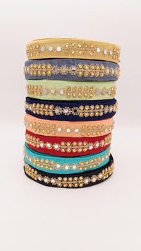 Thumbnail for Cyan Blue Art Silk Trim With Kundan Stones, Beads And Mirrors Embellishments, Approx. 22mm