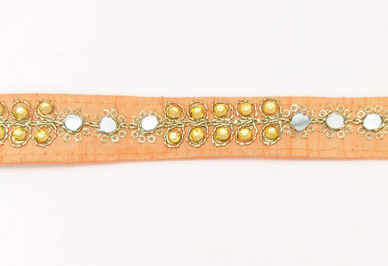 Peach Art Silk Trim With Kundan Stones, Beads And Mirrors Embellishments, Approx. 22mm