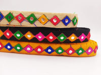 Thumbnail for Wholesale Yellow Cotton Fabric Mirrored Trim With Embroidery In Fuchsia Pink, Blue, Red & Green Threads