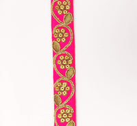 Thumbnail for Fuchsia Pink Art Silk Trim with Gold Floral Embroidery and Gold Sequins Indian Sari Border Trim By 3 Yards Decorative Trim Craft Lace