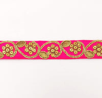 Thumbnail for Fuchsia Pink Art Silk Trim with Gold Floral Embroidery and Gold Sequins Indian Sari Border Trim By 3 Yards Decorative Trim Craft Lace