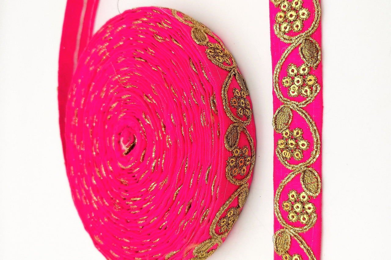 Fuchsia Pink Art Silk Trim with Gold Floral Embroidery and Gold Sequins Indian Sari Border Trim By 3 Yards Decorative Trim Craft Lace