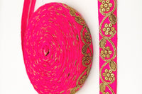 Thumbnail for Fuchsia Pink Art Silk Trim with Gold Floral Embroidery and Gold Sequins Indian Sari Border Trim By 3 Yards Decorative Trim Craft Lace