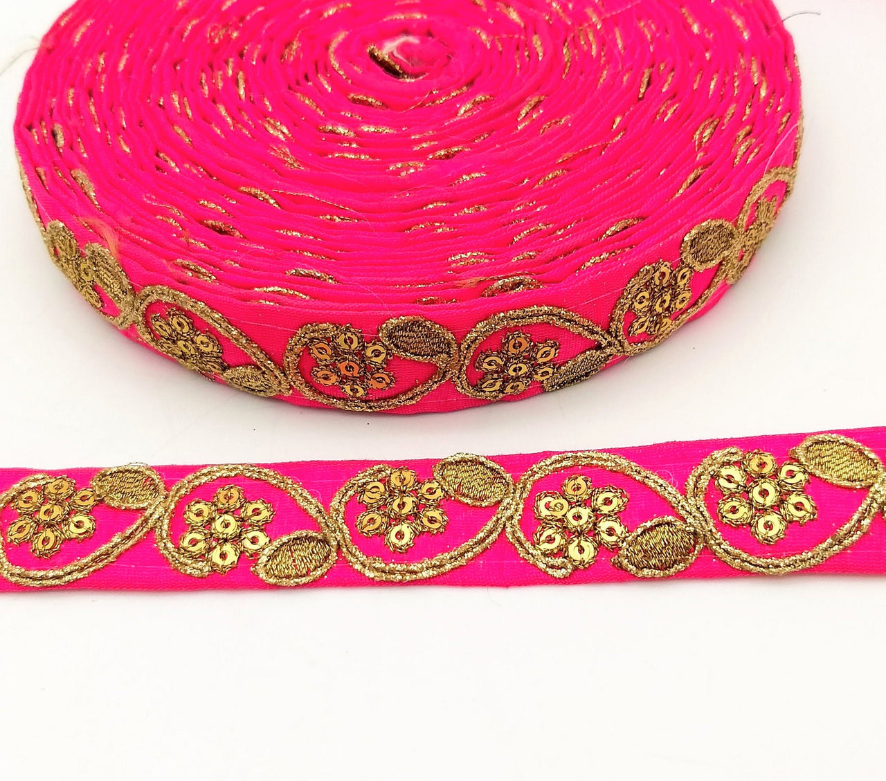 Fuchsia Pink Art Silk Trim with Gold Floral Embroidery and Gold Sequins Indian Sari Border Trim By 3 Yards Decorative Trim Craft Lace