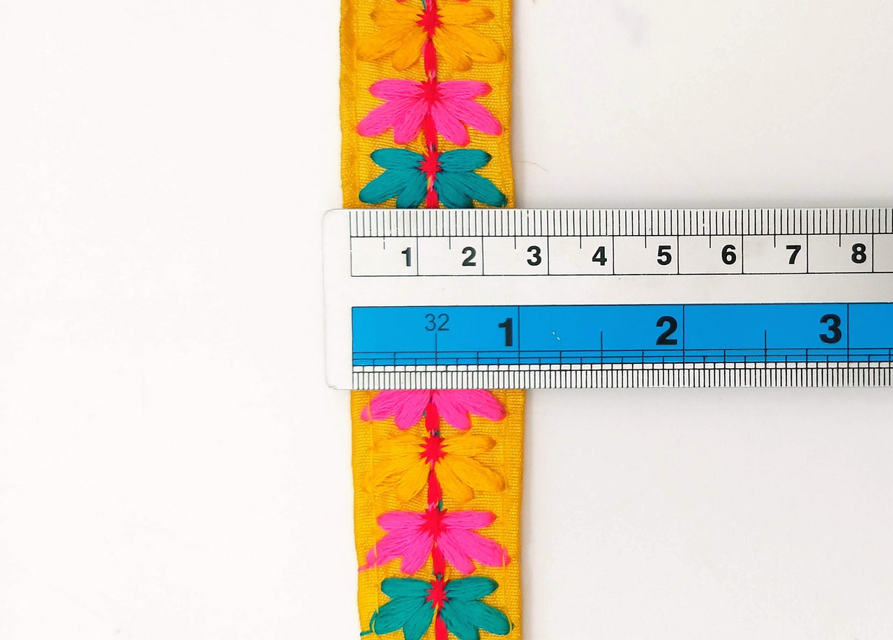 Yellow Cotton Fabric Trim with Floral Embroidery in Blue, Pink, Yellow and Red